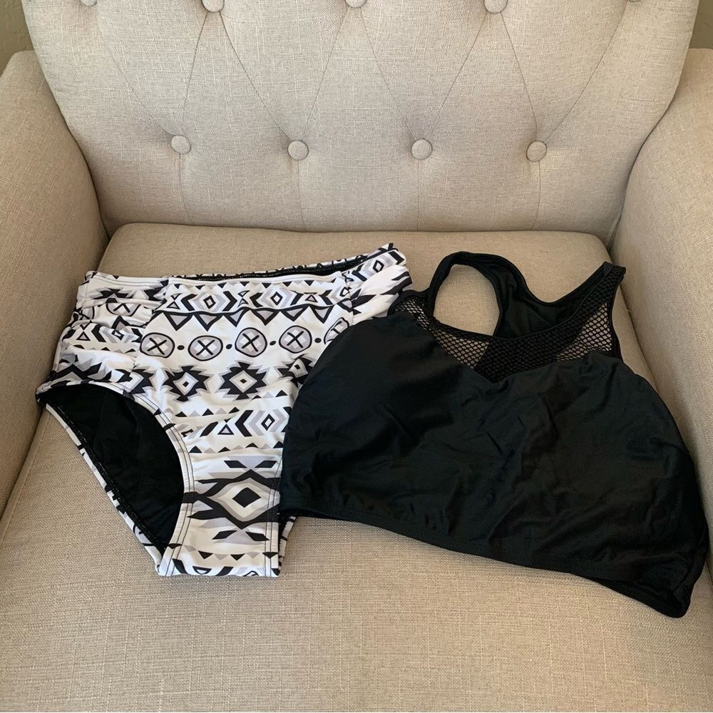 High Waisted Bikini Top and Bottom Size Small Black and White